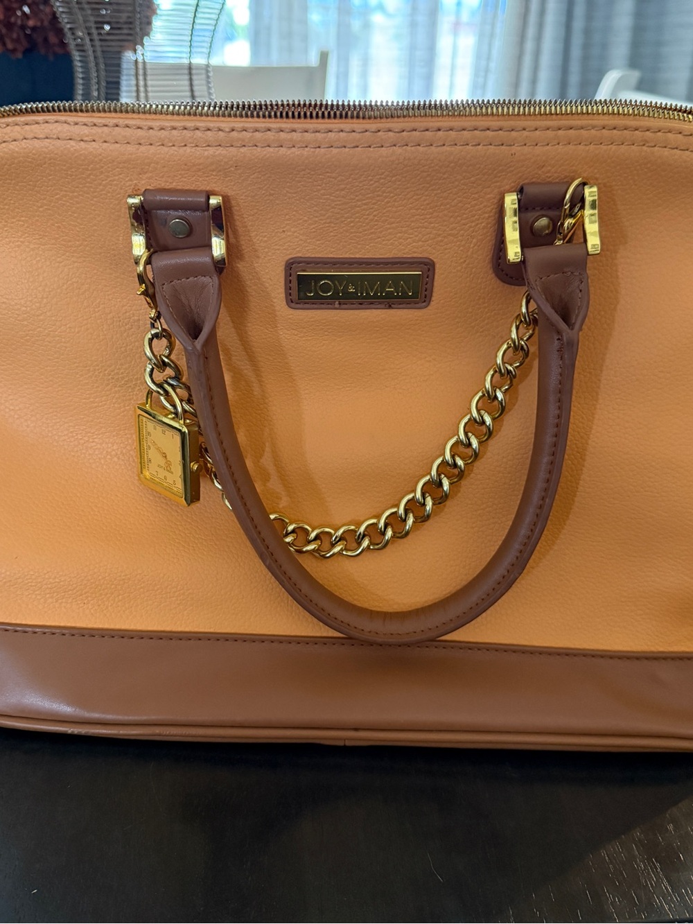 Joy & Iman Two-Tone Tan and Brown Satchel with Gold Chain